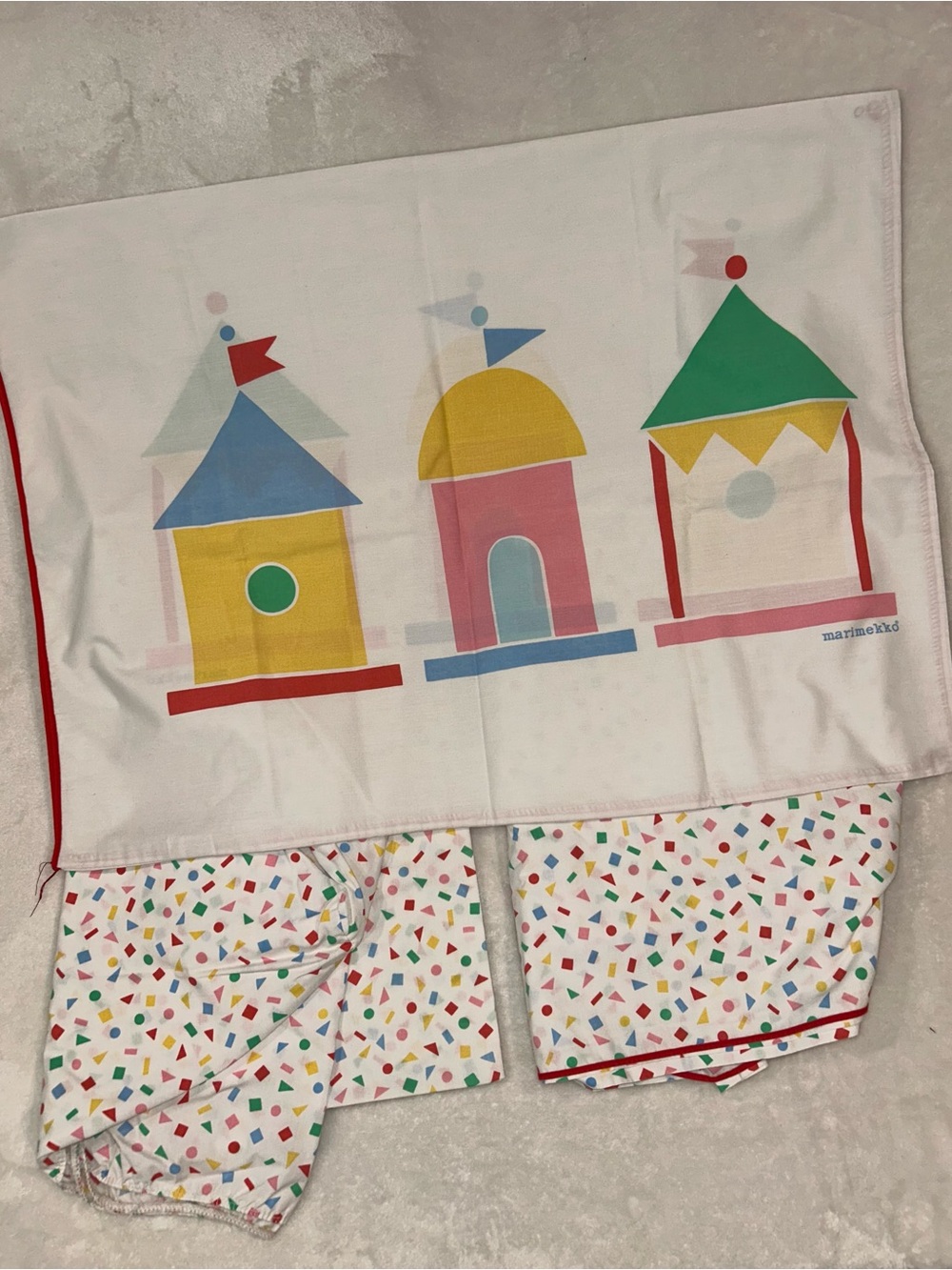 Marimekko vintage twin sheet set castle pillowcase geometric shapes rare whimsy